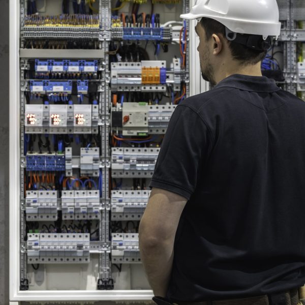 Man, an electrical technician working in a switchboard with fuses. Installation and connection of electrical equipment. Professional uses a tablet.